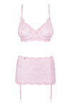 Set de lenjerie intimă Girlly - compleu sexy cu sutien, chiloți și portjartier din dantelă S/M, roz