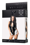 Costum erotic de ierpuras wetlook Stacy - set body open-crotch din vinil cu chocker si bentita, negru