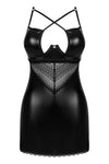 Set de lenjerie intimă Norides – rochie din vinil cu dantelă, decolteu sexy și chiloți tanga XL/2XL, negru