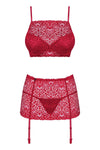 Set de lenjerie intimă Lividia - compleu sexy cu sutien, chiloți și portjartier din dantelă S/M, roșu bordo