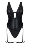 Costum de baie întreg Punta Negra - body sexy cu aspect lucios, decupaje și accesorii seducătoare, animal print negru
