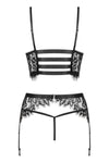 Set de lenjerie intimă Lashy - compleu provocator cu sutien, chiloți și portjartier din dantelă Chantilly L/X, negru