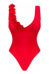 Costum de baie întreg Cubalove - body sexy cu decolteu și aplicații florale, rosu