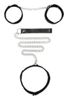 Set bondage cu zgarda, lesa si catuse din piele B&W Ouch! accesorii BDSM cu prinderi si detalii metalice, negru