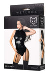 Body fetish wetlook Adriana cu ham accesorizat si portjartier, lenjerie erotica din vinil, negru