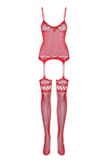 Bodystocking Obsessive F214 - lenjerie erotică din plasă cu portjartier și decupaje S/M/L, roșu Erosvita
