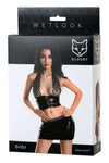 Costum sexy wetlook Gigli cu top crop si fusta mini - set lenjerie erotica 2 piese din vinil cu dantela, negru