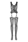 Bodystocking Obsessive F221 - lenjerie erotică din plasă cu portjartier și decupaje XL/XXL, negru Erosvita