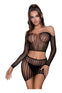 Set cu top crop si fusta mini din plasa cu maneci lungi – compleu sexy One Size (marime universala), negru