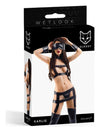 Set lenjerie erotica imitatie piele Karlie cu 6 piese bondage: choker, catuse, banda pentru ochi, top, bikini si portjartier