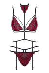 Set de lenjerie intimă Sugestina - compleu sexy cu sutien, chiloți, portjartier și colier de corp din dantelă cu catifea