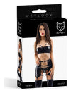 Costum wetlook Elsa cu sutien bandeau, fusta si portjartier - set lenjerie erotica din vinil cu accesorii metalice, negru