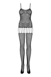 Bodystocking Obsessive F235 - catsuit provocator din plasă cu decupaje și model sexy S-L (one size), negru