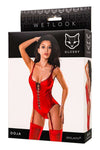 Body wetlook Doja cu decolteu provocator, siret frontal, insertii metalice si efect glossy, rosu
