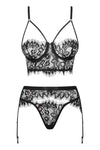 Set de lenjerie intimă Lashy - compleu provocator cu sutien, chiloți și portjartier din dantelă Chantilly L/X, negru