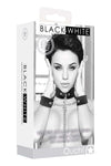 Set bondage cu zgarda, lesa si catuse din piele B&W Ouch! accesorii BDSM cu prinderi si detalii metalice, negru