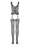 Bodystocking Obsessive F221 - lenjerie erotică din plasă cu portjartier și decupaje XL/XXL, negru Erosvita