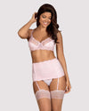 Set de lenjerie intimă Girlly - compleu sexy cu sutien, chiloți și portjartier din dantelă S/M, roz
