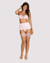 Set de lenjerie intimă Girlly - compleu sexy cu sutien, chiloți și portjartier din dantelă S/M, roz