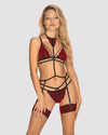 Set de lenjerie intimă Sugestina - compleu sexy cu sutien, chiloți, portjartier și colier de corp din dantelă cu catifea