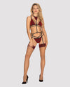 Set de lenjerie intimă Sugestina - compleu sexy cu sutien, chiloți, portjartier și colier de corp din dantelă cu catifea