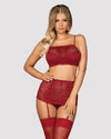 Set de lenjerie intimă Lividia - compleu sexy cu sutien, chiloți și portjartier din dantelă S/M, roșu bordo