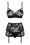 Set de lenjerie intima Peonesia - compleu provocator cu sutien, chiloți și portjartier din dantelă S/M, negru