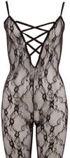 Bodystocking – catsuit sexy din plasă cu dantela si decolteu provocator L/XL, negru