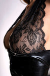 Costum sexy wetlook Gigli cu top crop si fusta mini - set lenjerie erotica 2 piese din vinil cu dantela, negru