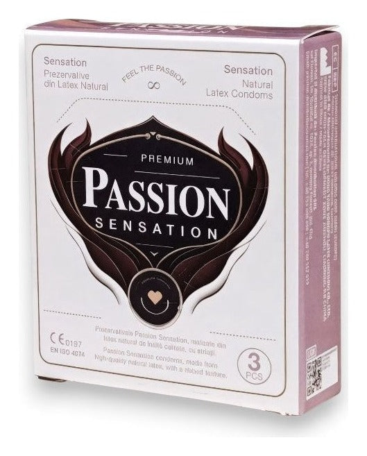 Prezervative PASSION Sensation, 3 bucăți – texturate, latex natural, lubrifiate, 52 mm SOLLUXE Every box holds joy - unbox it!