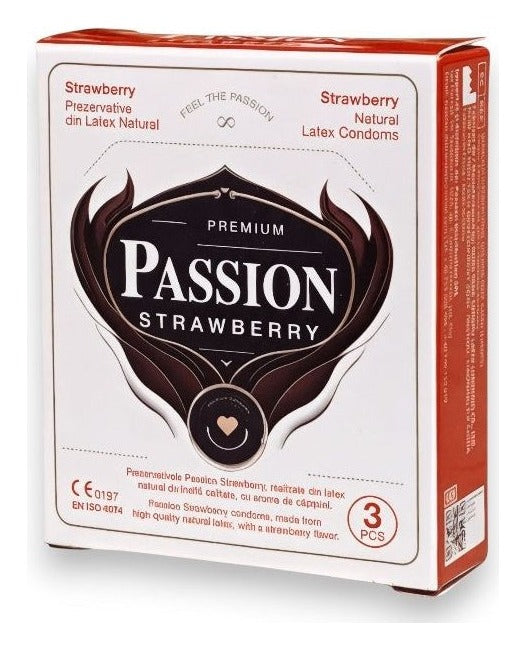 Prezervative PASSION Strawberry, din latex natural, lubrifiate, aromă de căpșuni, 3 bucăți