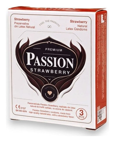 Prezervative PASSION Strawberry, din latex natural, lubrifiate, aromă de căpșuni, 3 bucăți