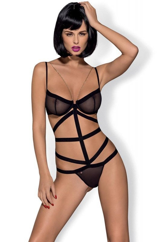 Body Bondy Teddy - lenjerie erotică cu decupaje și cupe transparente S/M, negru