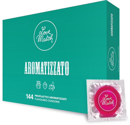 Prezervative profesionale Love Match Aromatizzato, arome de ciocolata, capsuni si banane, 144 buc