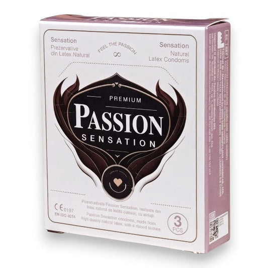 Prezervative PASSION Sensation, 3 bucăți – texturate, latex natural, lubrifiate, 52 mm SOLLUXE Every box holds joy - unbox it!