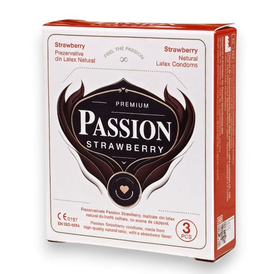 Prezervative PASSION Strawberry, din latex natural, lubrifiate, aromă de căpșuni, 3 bucăți