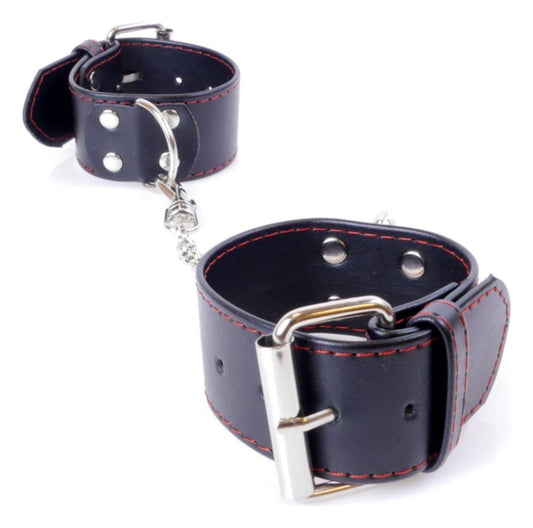 Catuse Fetish Handcuffs din piele eco cu prinderi si detalii metalice, negru
