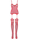 Bodystocking Obsessive F214 - lenjerie erotică din plasă cu portjartier și decupaje S/M/L, roșu Erosvita