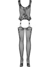 Bodystocking Obsessive F221 - lenjerie erotică din plasă cu portjartier și decupaje XL/XXL, negru Erosvita