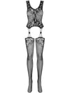 Bodystocking Obsessive F221 - lenjerie erotică din plasă cu portjartier și decupaje XL/XXL, negru Erosvita