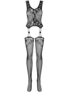 Bodystocking Obsessive F221 - lenjerie erotică din plasă cu portjartier și decupaje XL/XXL, negru