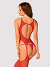 Bodystocking Obsessive N122 - lenjerie erotică din plasă cu portjartier și decupaje XL/XXL, roșu Erosvita