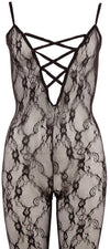 Bodystocking – catsuit sexy din plasă cu dantela si decolteu provocator 2XL/3XL, negru