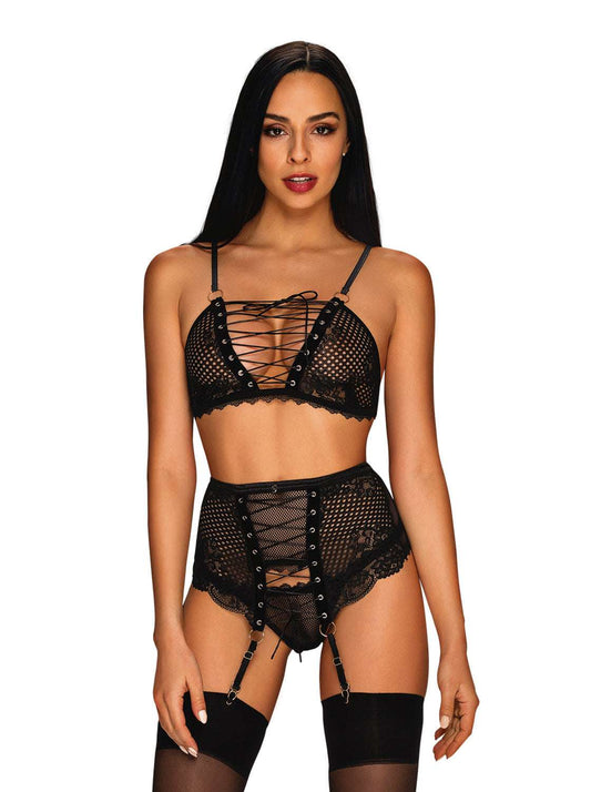 Set de lenjerie intimă Basitta - compleu provocator cu sutien, chiloți și portjartier din dantelă, negru SOLLUXE Every box holds joy - unbox it!