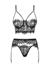 Set de lenjerie intimă Lashy - compleu provocator cu sutien, chiloți și portjartier din dantelă Chantilly L/X, negru SOLLUXE Every box holds joy - unbox it!