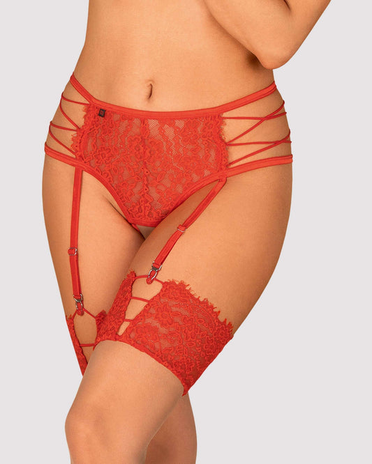 Chiloti cu portjartier Rediosa – tanga sexy din dantelă cu accesoriu și decupaje provocatoare, roșu SOLLUXE Every box holds joy - unbox it!