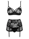 Set de lenjerie intima Peonesia - compleu provocator cu sutien, chiloți și portjartier din dantelă S/M, negru