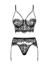 Set de lenjerie intimă Lashy - compleu provocator cu sutien, chiloți și portjartier din dantelă Chantilly L/X, negru