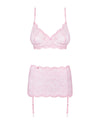 Set de lenjerie intimă Girlly - compleu sexy cu sutien, chiloți și portjartier din dantelă S/M, roz