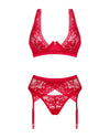 Set de lenjerie intimă Lacelove – compleu pentru adulți cu sutien, chiloți și portajartier din dantelă, roșu
